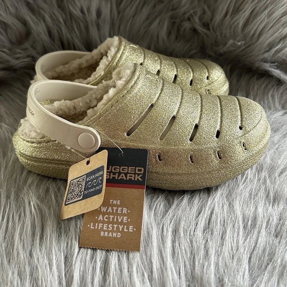 Rugged Shark Clogs Girls Size 2 Sparkly Gold Lined Slip On Shoes Sandals